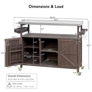 Outdoor Kitchen Island Bar Cart with Stainless Steel Top - Natural Finish