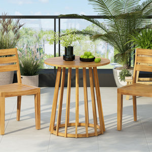 Outdoor Round Top Dining Table with Slat Design - Light Brown