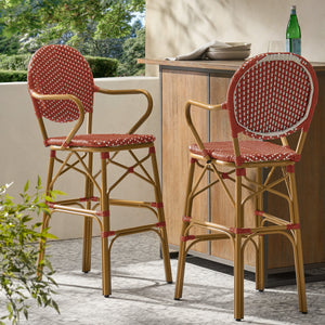 Outdoor Wicker and Aluminum French Barstools, Set of 2 with Rust-Resistant Frame - Natural