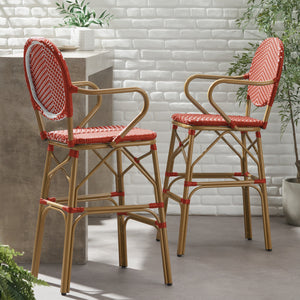 Outdoor Wicker and Aluminum French Barstools, Set of 2 with Rust-Resistant Frame - Natural