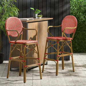 Outdoor Wicker and Aluminum French Barstools, Set of 2 with Rust-Resistant Frame - Natural