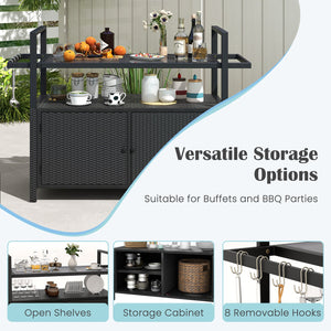 Outdoor Bar Cart Wicker Buffet Serving Cart with Cabinet and 8 Hooks