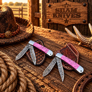 Pink Stone Damascus Trapper Knife Set with Pancake Leather Sheaths