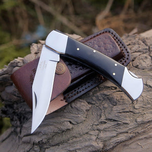 Pocket Knife with Exotic Bull Horn Handle & Sheath Personalized - TRAPSKI