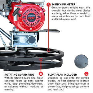 24" Concrete Power Trowel Edger 5.5HP Honda Float Pan Blade Screed Finishing Tool