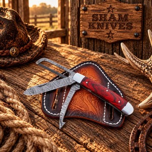 Premium Cowboy Damascus Multi-Tool Trapper Knife – Pakka Wood