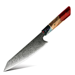 Pristine Japanese Chef Knife Set with VG-10 Damascus Steel Exotic Stabilized Olive Wood Handle & Sheath