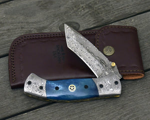 Prudence Tanto Blade Handmade Damascus Folding Pocket Knife with Bone Handle