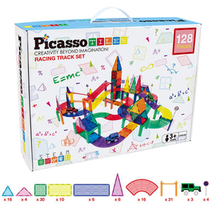 Picasso Tiles 128 Piece Magnetic Kids Toy Building Kit Race Track Set w/ 3 Cars