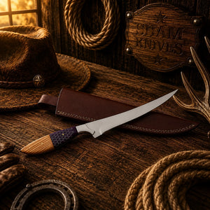 D2 Steel Fillet Knife – Purple Honeycomb & Ash Wood Handle with Sheath