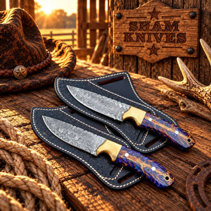 2 pcs Purple Sage Damascus Cowboy Knife – Pine Cone Handle with belt leather sheath