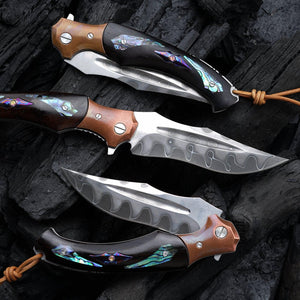 Quest Damascus Pocket Knife with Ebony Wood, Timascus & Abalone Shell Handle - TRAPSKI