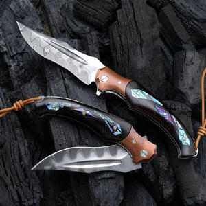 Quest Damascus Pocket Knife with Ebony Wood, Timascus & Abalone Shell Handle - TRAPSKI