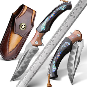 Quest Damascus Pocket Knife with Ebony Wood, Timascus & Abalone Shell Handle - TRAPSKI