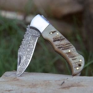 Ram Damascus Pocket Knife with Exotic Ram Horn Handle & Leather Sheath - TRAPSKI