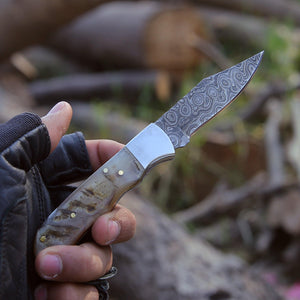 Ram Damascus Pocket Knife with Exotic Ram Horn Handle & Leather Sheath - TRAPSKI