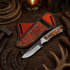 Rasp File Steel Ranch Knife – Pine Cone Handle & Floral Cross Belt Sheath