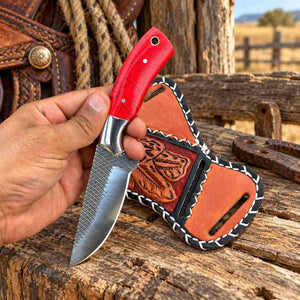 Handmade Horse Rasp Cowboy Skinner with Red Stone Handle & Cross-Draw Sheath