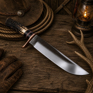 16″ Iron Ridge Bowie Knife – Rasp Steel & Antler Horn Handle