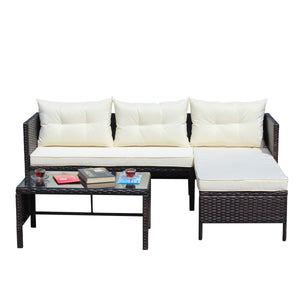 3-Piece Wicker Rattan Sectional Sofa Outdoor Furniture Set with Cushions - Brown/Beige