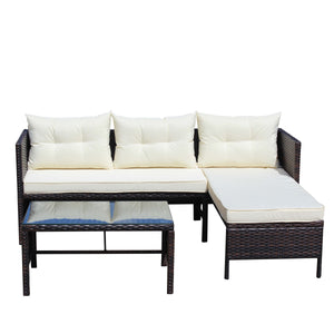 3-Piece Wicker Rattan Sectional Sofa Outdoor Furniture Set with Cushions - Brown/Beige