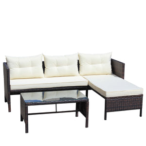3-Piece Wicker Rattan Sectional Sofa Outdoor Furniture Set with Cushions - Brown/Beige