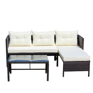 3-Piece Wicker Rattan Sectional Sofa Outdoor Furniture Set with Cushions - Brown/Beige
