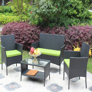 4 PC Rattan Patio Furniture Set with Cushions - Black and Green