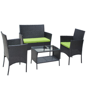 4 PC Rattan Patio Furniture Set with Cushions - Black and Green