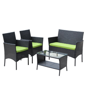 4 PC Rattan Patio Furniture Set with Cushions - Black and Green