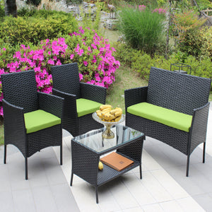 4 PC Rattan Patio Furniture Set with Cushions - Black and Green
