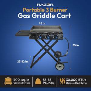 Razor Griddle Portable 3 Burner 30K BTU Gas Grill & Griddle Cart with Side Shelf