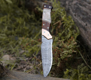 Reaper Damascus Hunting Knife with Mother of Pearl, Exotic Rose Wood and Copper Handle