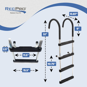 RecPro Compact Stainless Steel Heavy Duty 4 Step Pontoon Boat Boarding Ladder - TRAPSKI