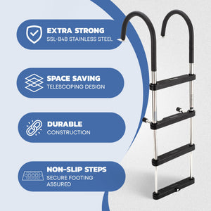 RecPro Compact Stainless Steel Heavy Duty 4 Step Pontoon Boat Boarding Ladder - TRAPSKI