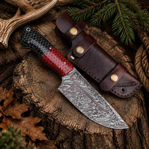 Hand Forged Damascus Hunting Knife – Handmade Fixed Blade Knife With Leather Sheath
