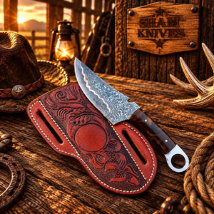 Ring-Tail Copper Damascus Skinning Knife – Resin Handle & Sheath