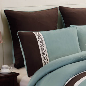 Teal & Brown Geometric Embroidered Comforter Set with 8 Pieces