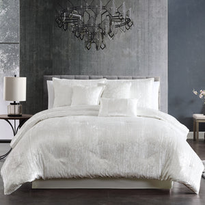 Turin 7 Piece White Crinkle Velvet Comforter Set with Plush Polyester Filling - White