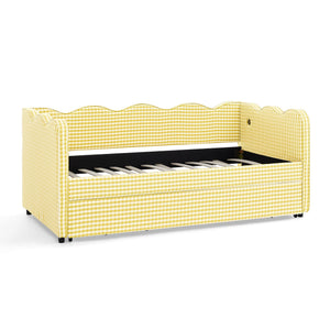 Cozy Gingham Twin Daybed with Trundle and USB Port - Linen