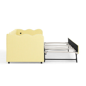 Cozy Gingham Twin Daybed with Trundle and USB Port - Linen