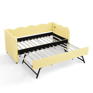 Cozy Gingham Twin Daybed with Trundle and USB Port - Linen