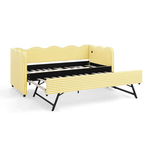 Cozy Gingham Twin Daybed with Trundle and USB Port - Linen