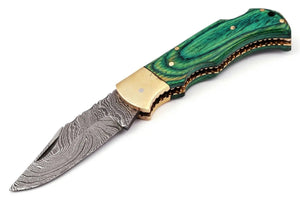 Custom Hand Forged Damascus Steel Folding Knife Stained Wood Handle WH 1255