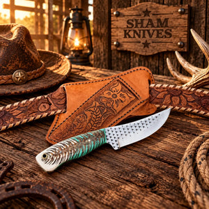 Santa Fe Rider Farrier Rasp Skinning Knife pine cone handle with Belt Sheath