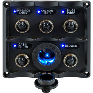 Sea-Dog Water Resistant Toggle Switch Panel w/LED Power Socket - 5 Toggle - TRAPSKI