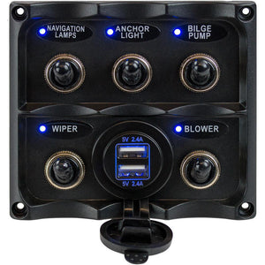 Sea-Dog Water Resistant Toggle Switch Panel w/USB Power Socket - 5 Toggle - TRAPSKI