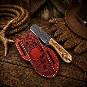Cowboy Castrator Knife with Sheath – 3.25" Powder Coated Rasp Steel Blade & Ram Horn Handle