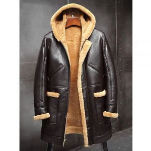 Men's RAF Hooded Shearling Fur Sheepskin Leather Long Jacket Winter Coats