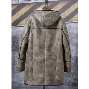 Men’s Bomber Shearling Fur Hooded Winter Long Leather Jacket Trench Coat